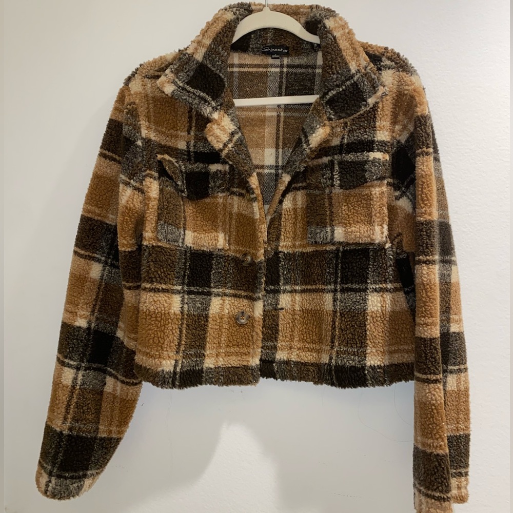Plaid Cropped Teddy Coat - Size Small